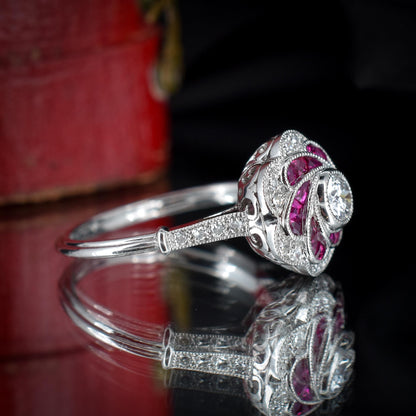 Art Deco Style Ruby and Old Cut Diamond Flower Cluster Platinum Ring