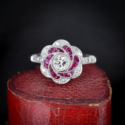 Art Deco Style Ruby and Old Cut Diamond Flower Cluster Platinum Ring