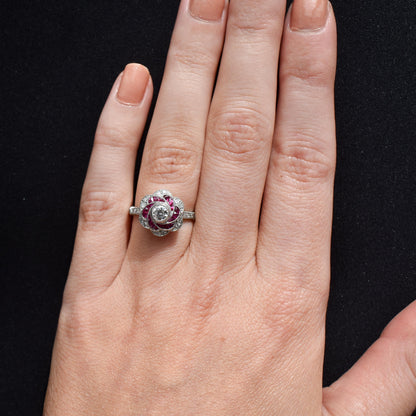 Art Deco Style Ruby and Old Cut Diamond Flower Cluster Platinum Ring