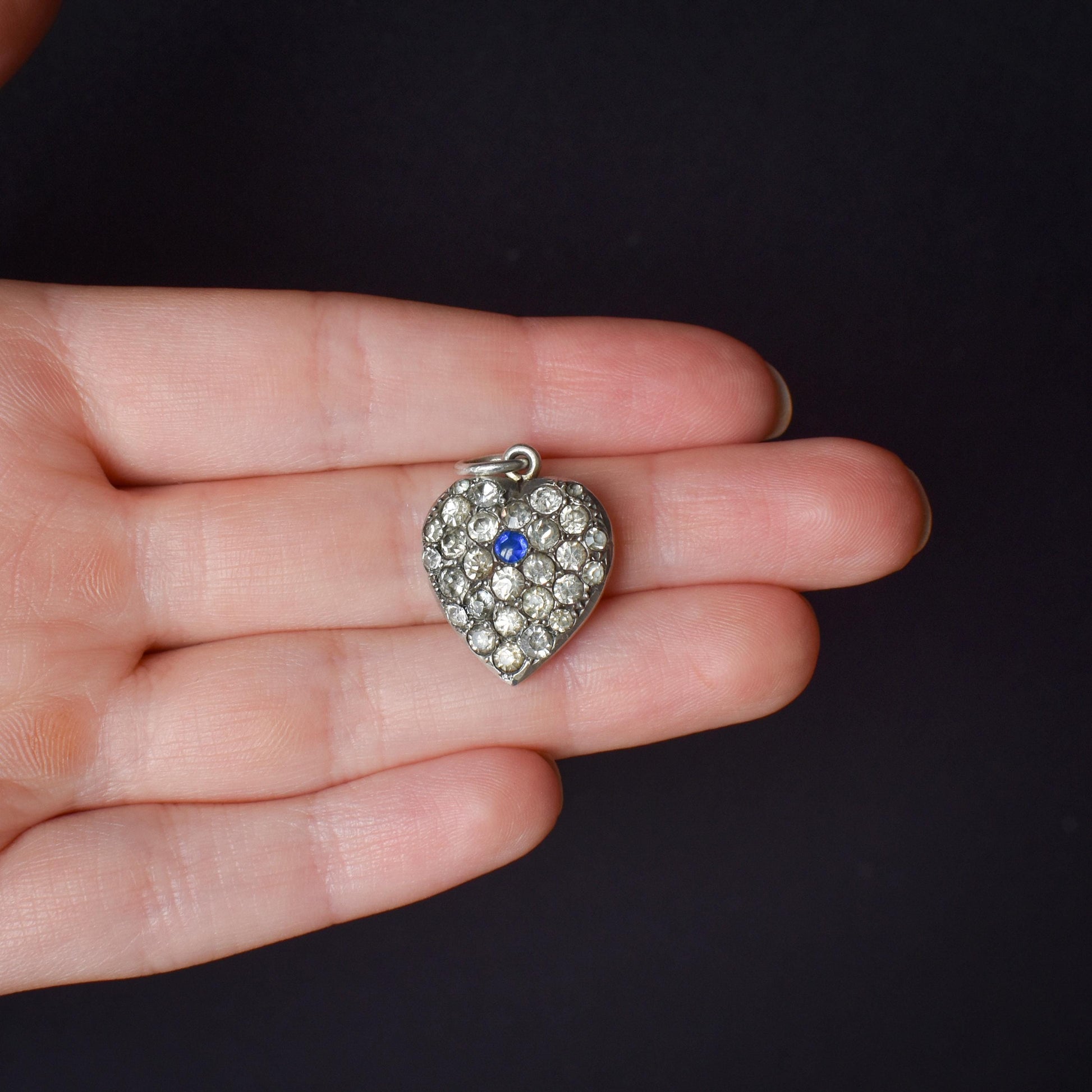 Antique Old Cut Paste Sterling Silver Puffy Heart Pendant