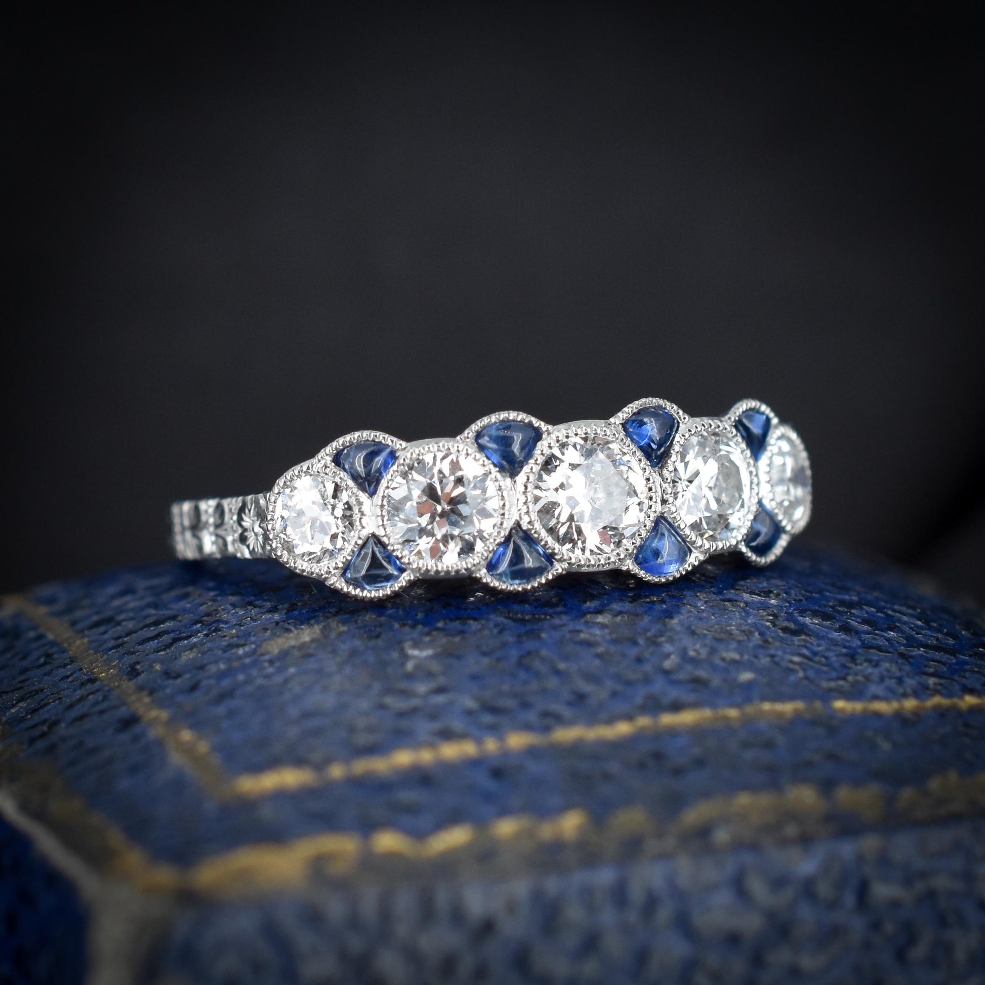 Old Cut Diamond and Sapphire Five Stone Platinum Ring - 0.75ct total