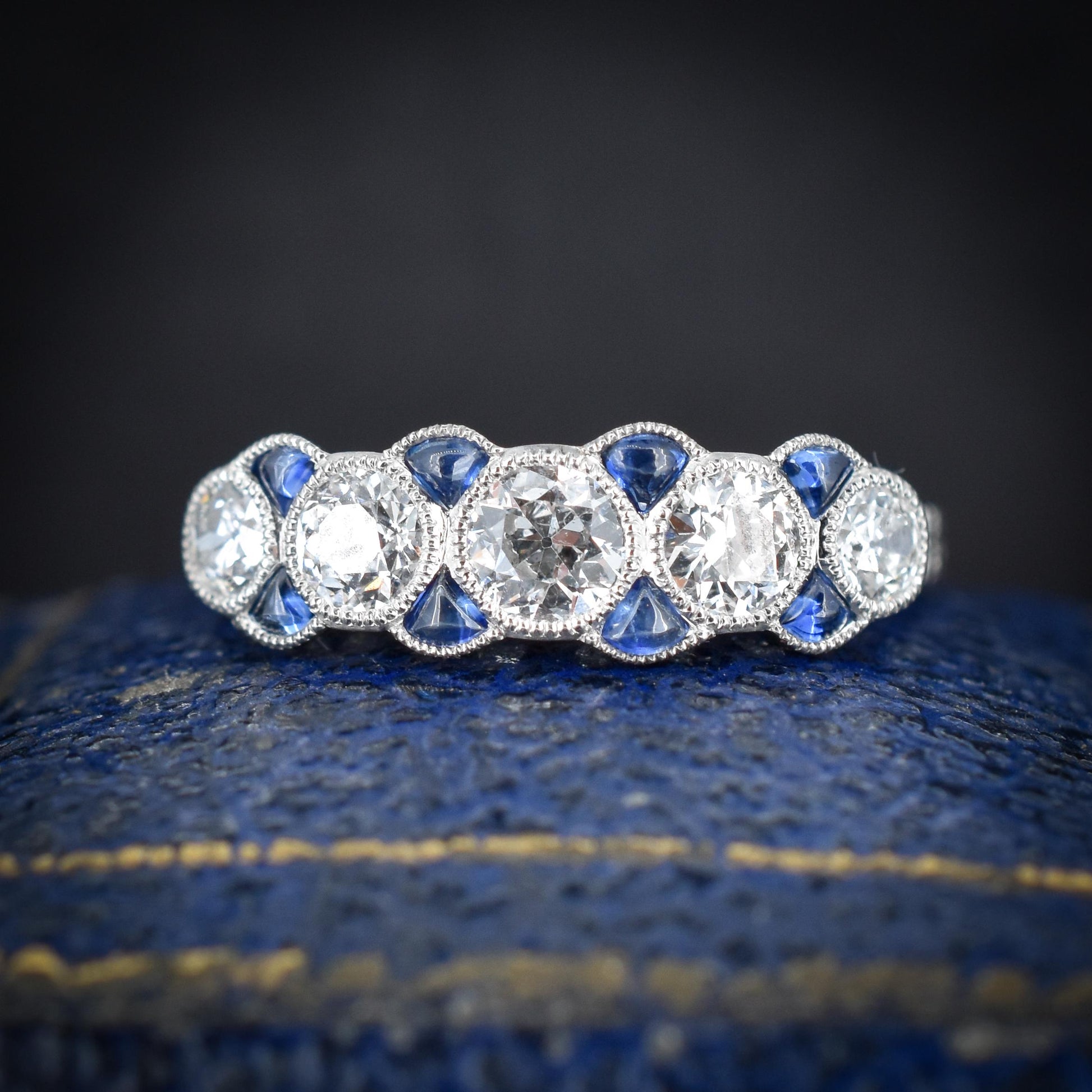 Old Cut Diamond and Sapphire Five Stone Platinum Ring - 0.75ct total