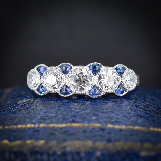 Old Cut Diamond and Sapphire Five Stone Platinum Ring - 0.75ct total