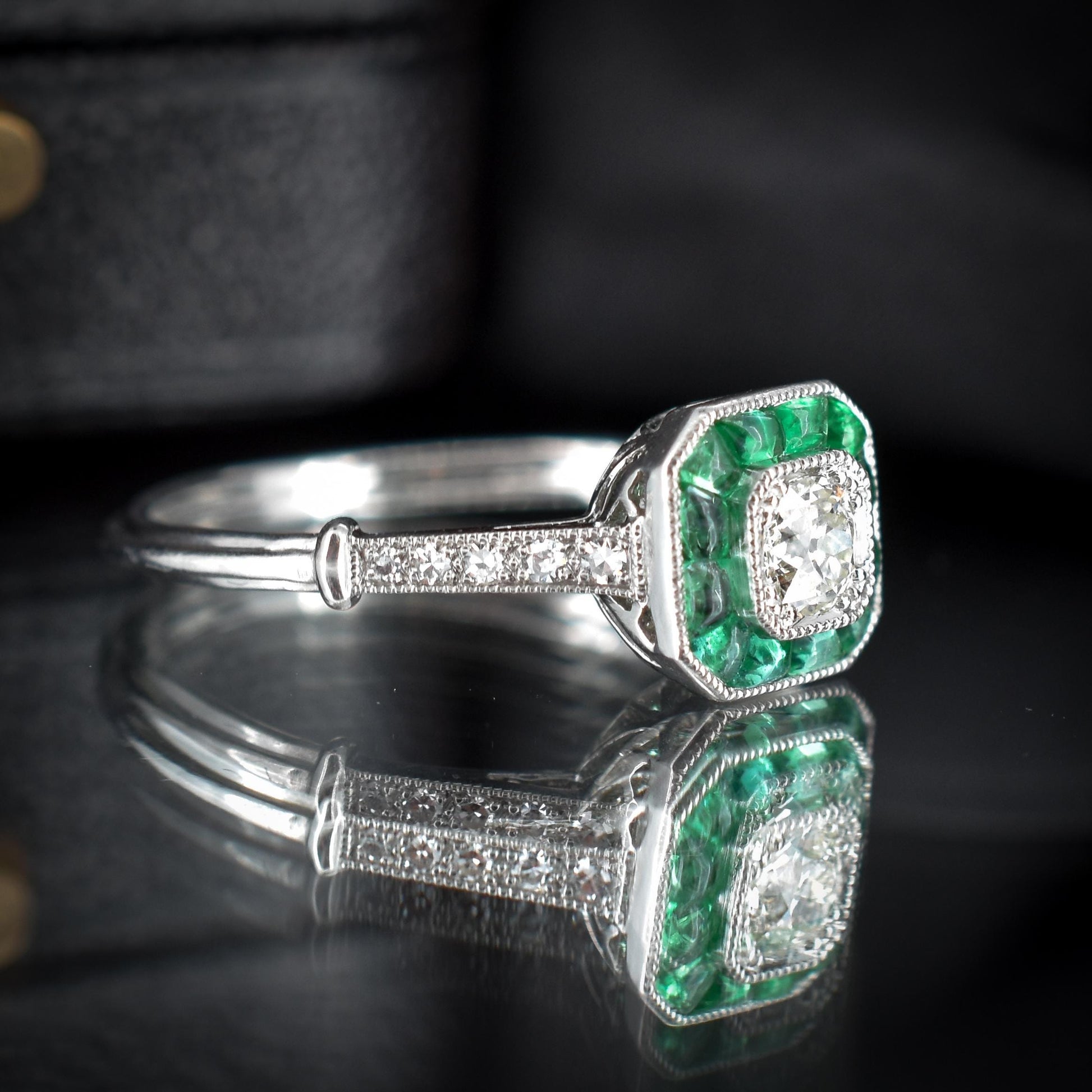 Emerald and Old Cut Diamond Cluster Halo Platinum Ring | Engagement | Art Deco Style