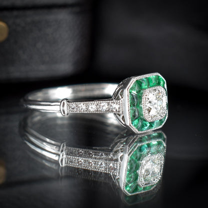 Emerald and Old Cut Diamond Cluster Halo Platinum Ring | Engagement | Art Deco Style