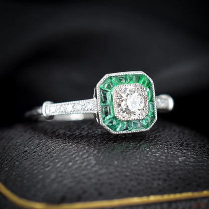 Emerald and Old Cut Diamond Cluster Halo Platinum Ring | Engagement | Art Deco Style