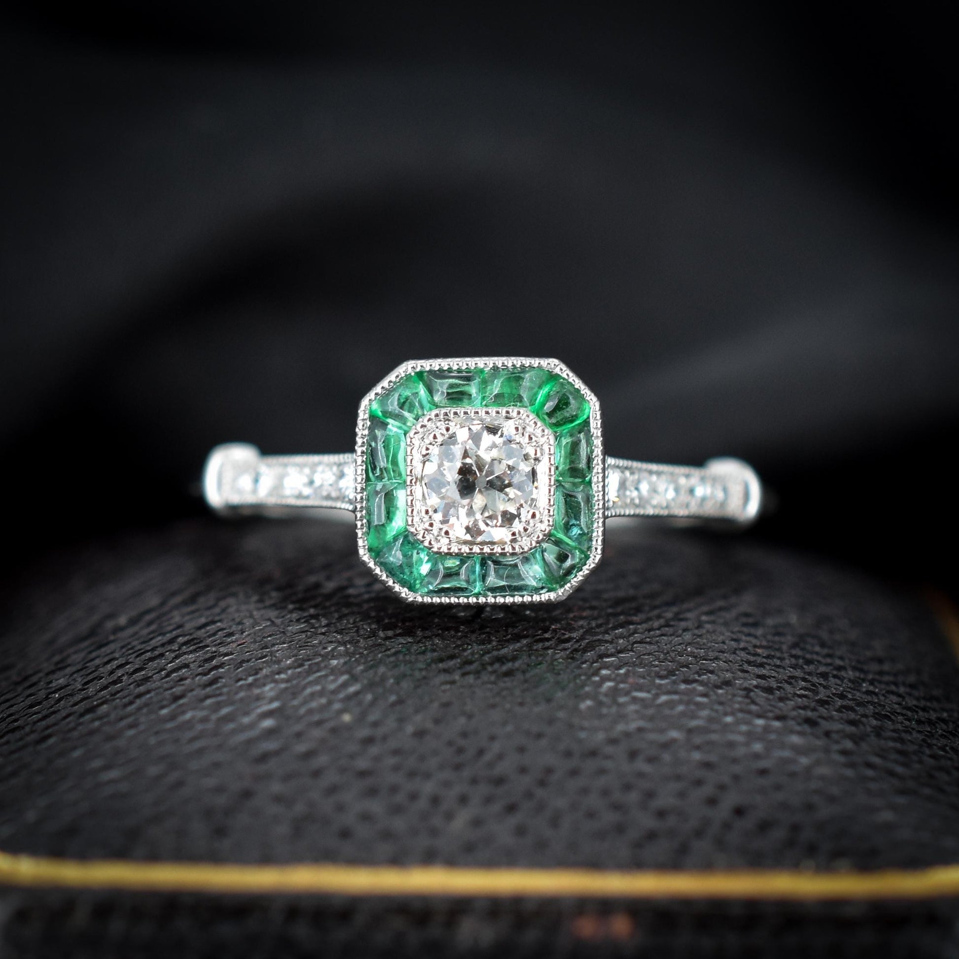 Emerald and Old Cut Diamond Cluster Halo Platinum Ring | Engagement | Art Deco Style