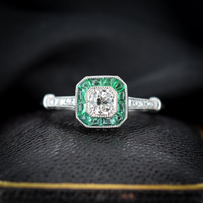 Emerald and Old Cut Diamond Cluster Halo Platinum Ring | Engagement | Art Deco Style