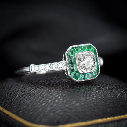 Emerald and Old Cut Diamond Cluster Halo Platinum Ring | Engagement | Art Deco Style