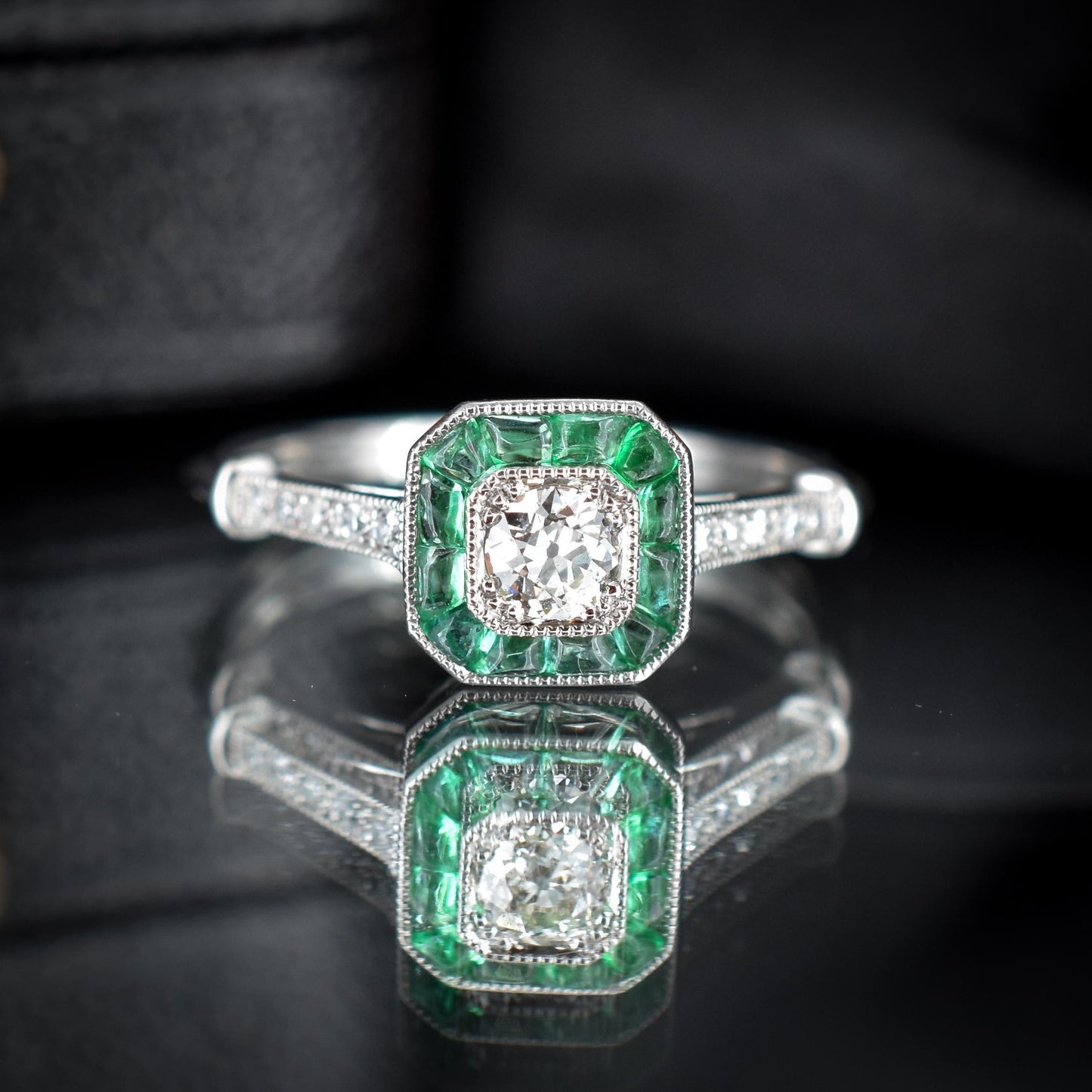 Emerald and Old Cut Diamond Cluster Halo Platinum Ring | Engagement | Art Deco Style