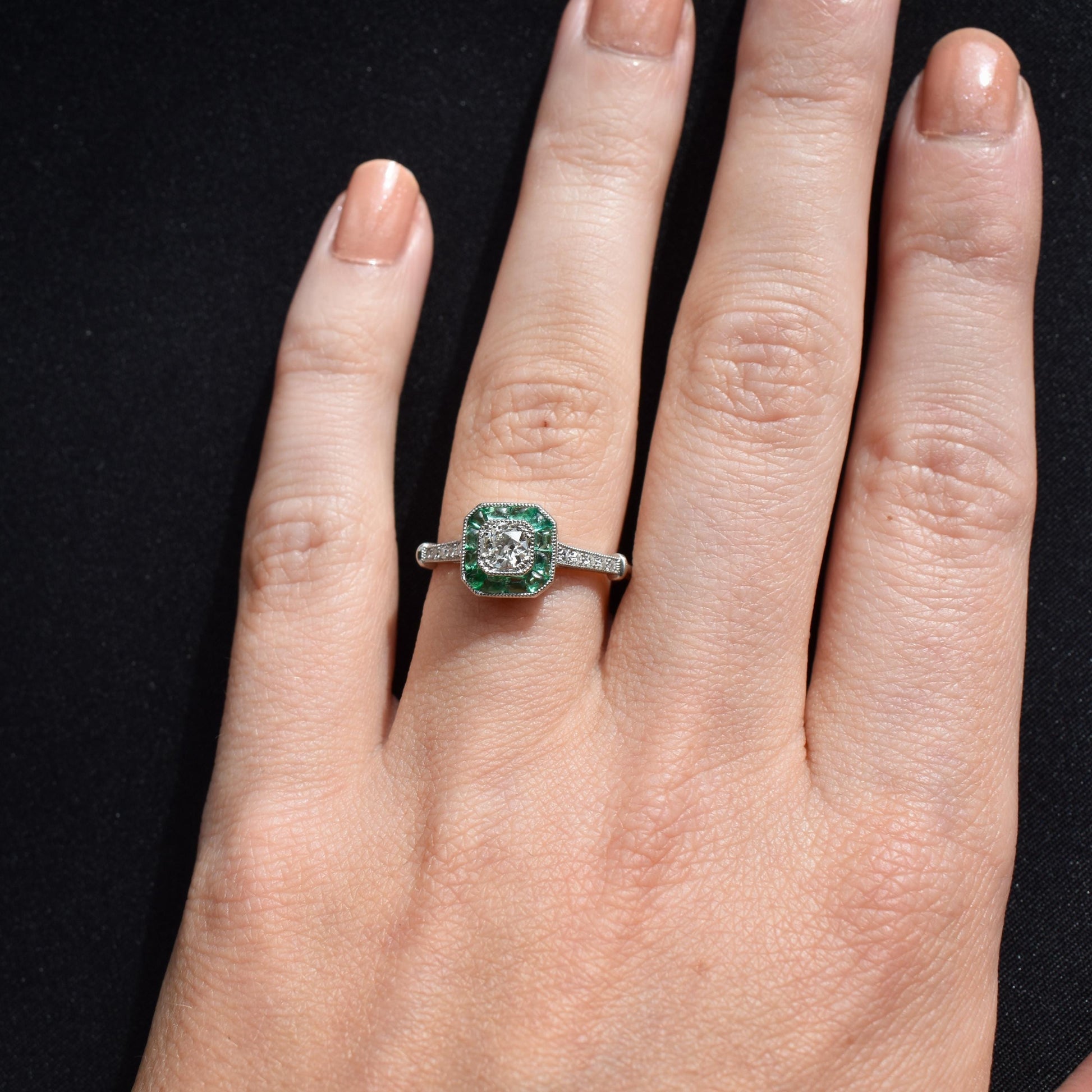 Emerald and Old Cut Diamond Cluster Halo Platinum Ring | Engagement | Art Deco Style