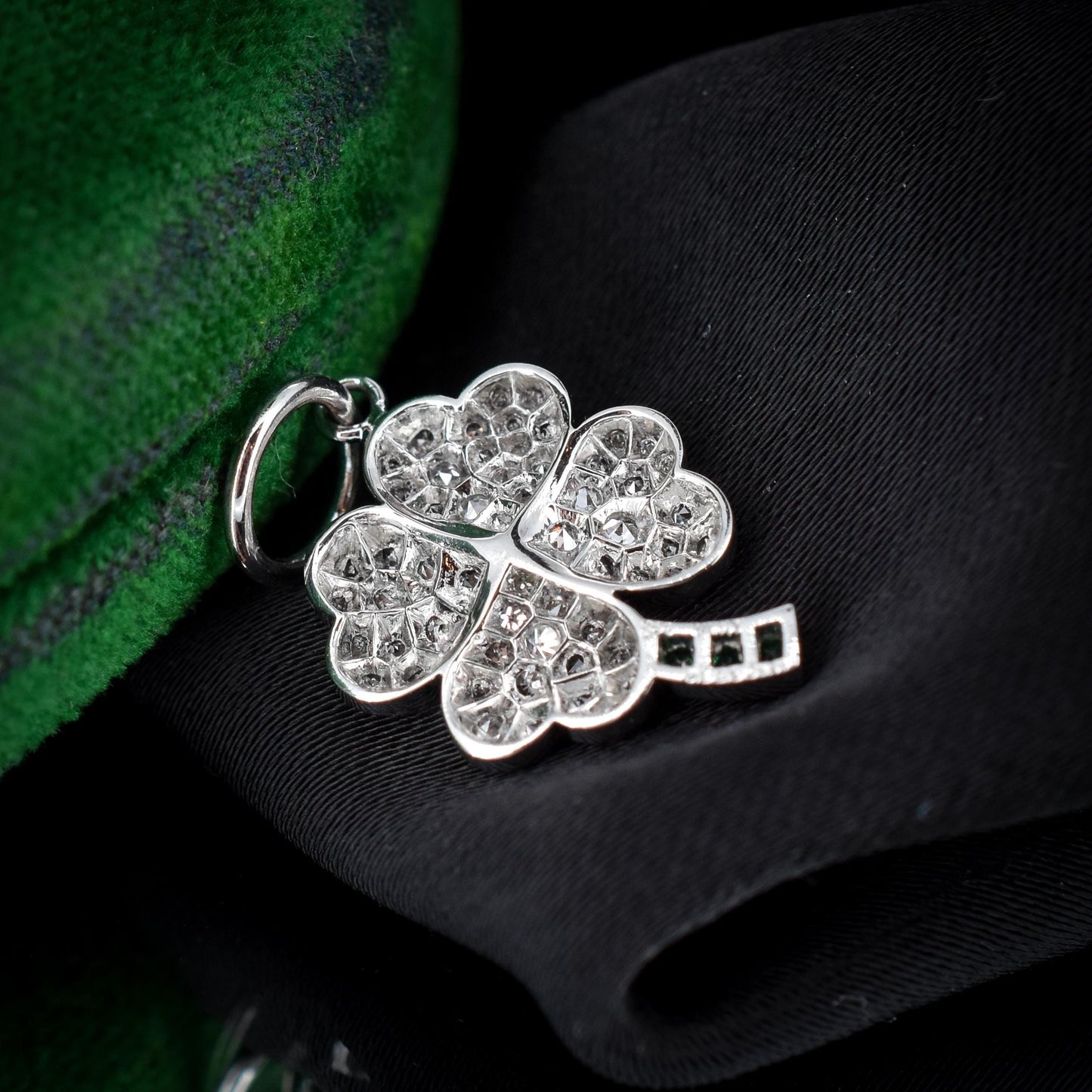 Diamond and Emerald Four Leaf Clover Platinum Charm Pendant