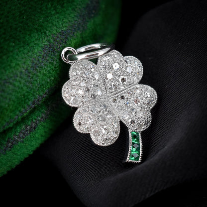 Diamond and Emerald Four Leaf Clover Platinum Charm Pendant