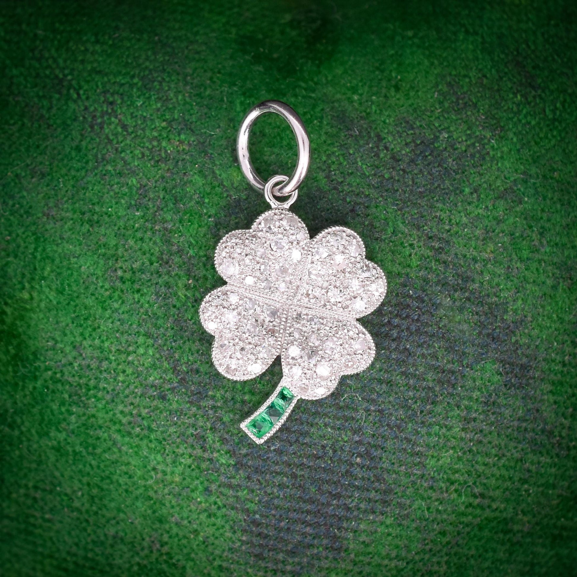 Diamond and Emerald Four Leaf Clover Platinum Charm Pendant