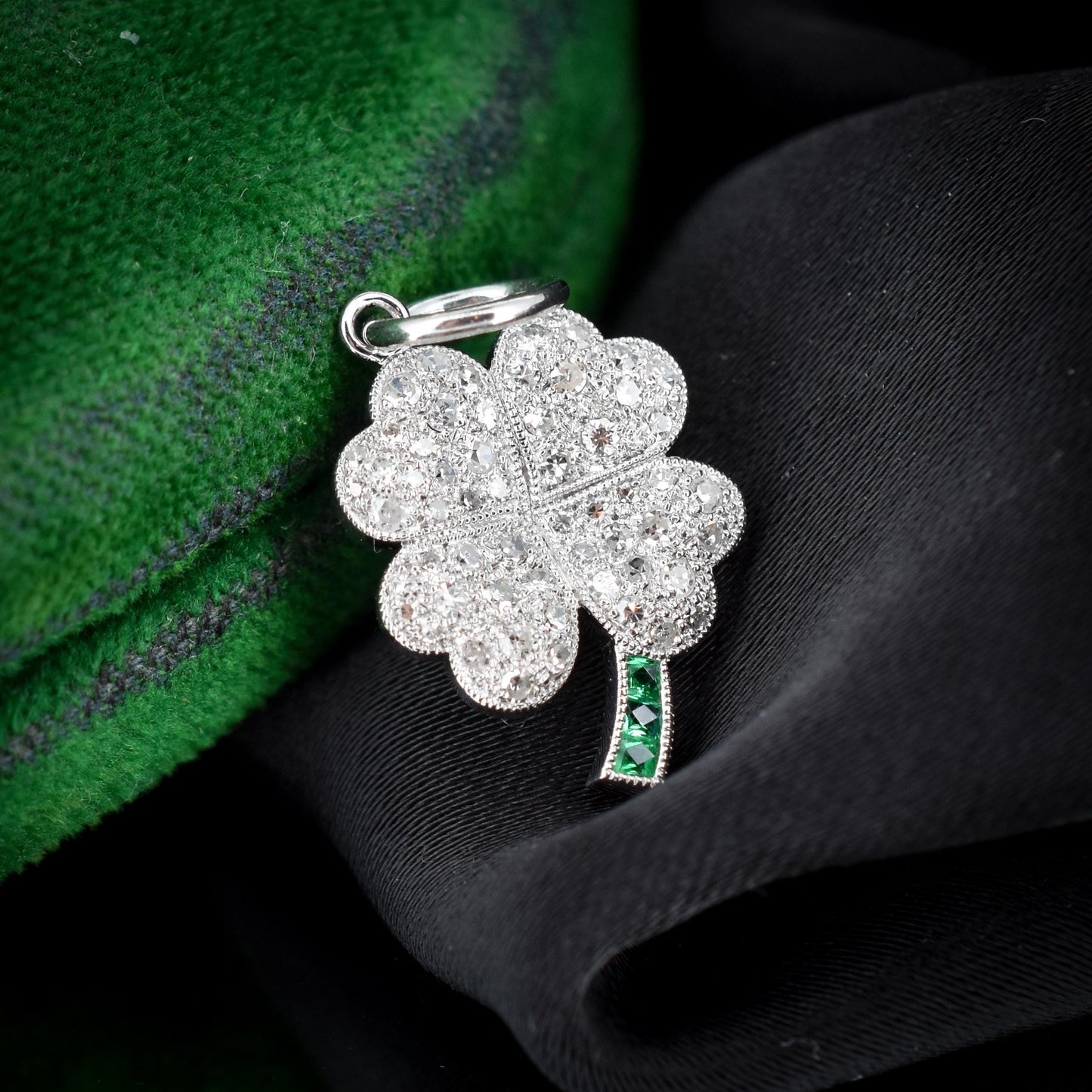 Diamond and Emerald Four Leaf Clover Platinum Charm Pendant