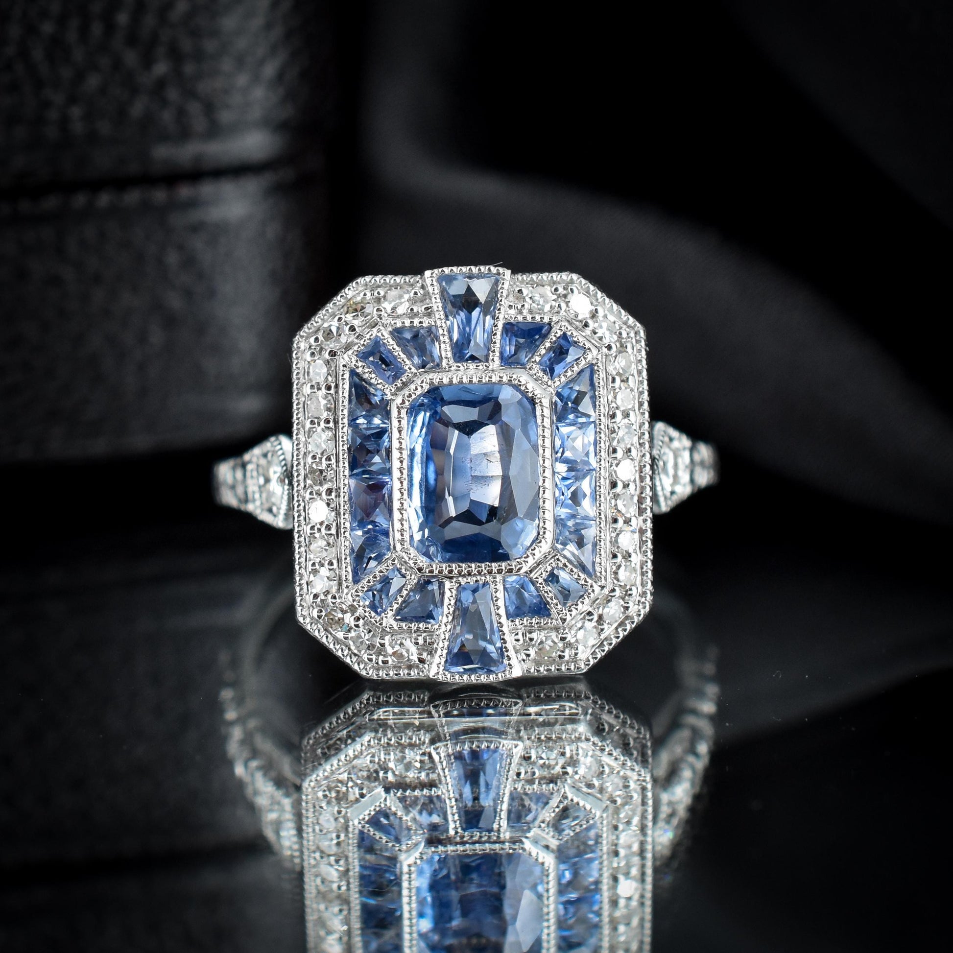 Art Deco Style Natural Ceylon Blue Sapphire and Diamond Platinum Cocktail Ring | Certified