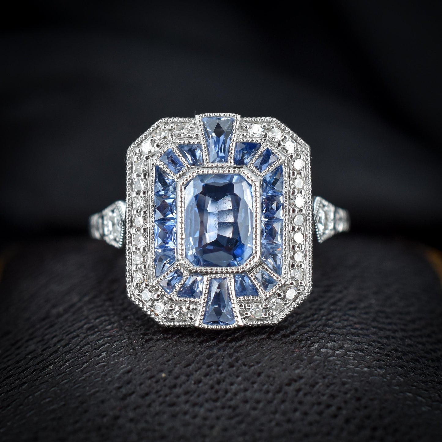 Art Deco Style Natural Ceylon Blue Sapphire and Diamond Platinum Cocktail Ring | Certified