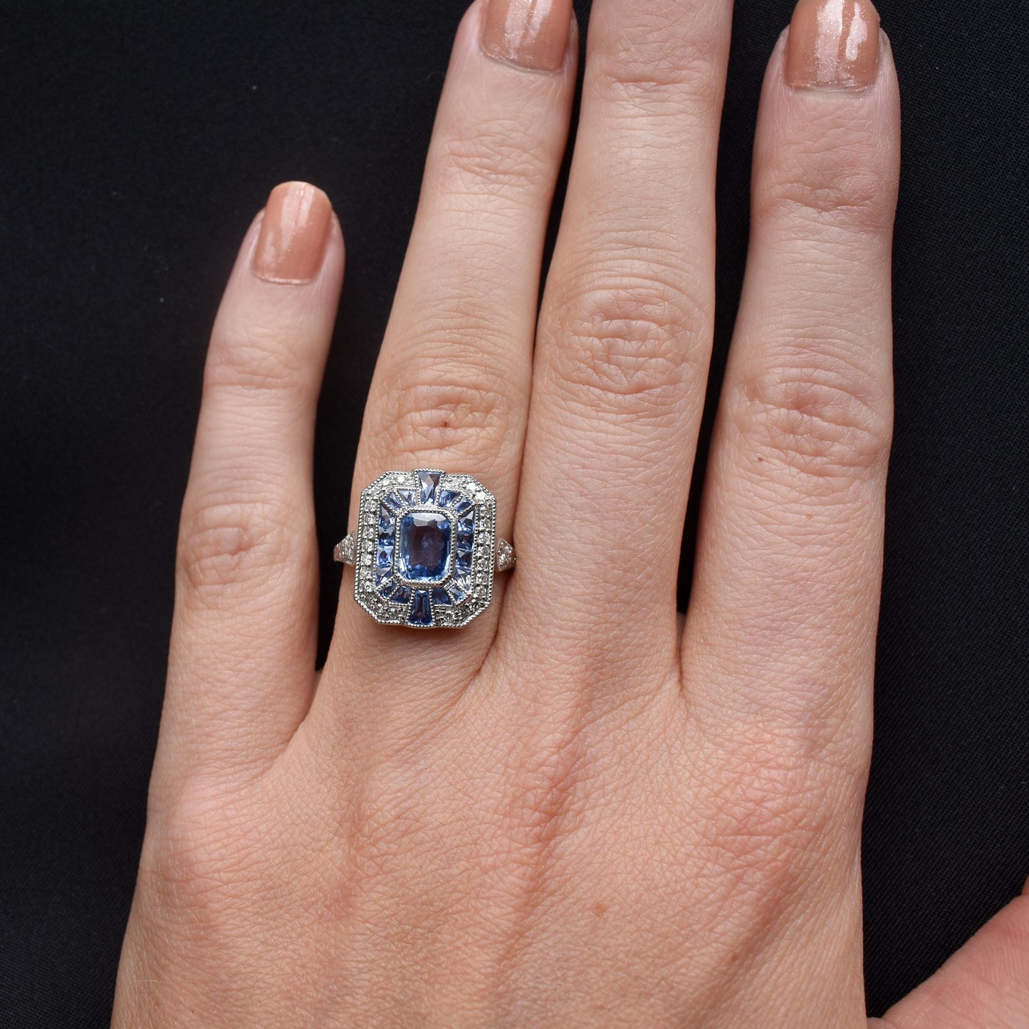 Art Deco Style Natural Ceylon Blue Sapphire and Diamond Platinum Cocktail Ring | Certified