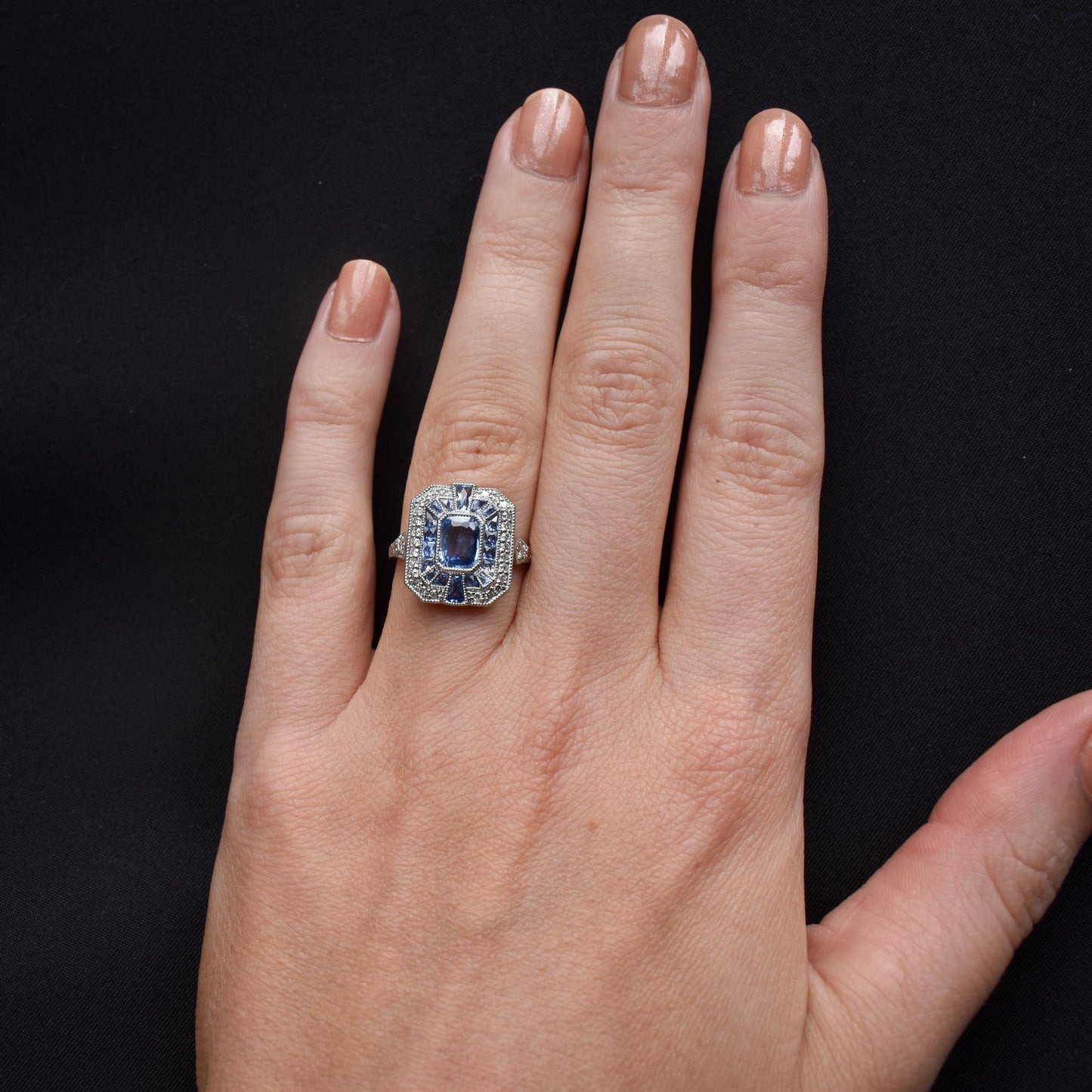 Art Deco Style Natural Ceylon Blue Sapphire and Diamond Platinum Cocktail Ring | Certified