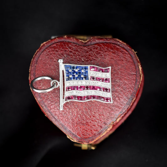 Diamond Ruby Sapphire American USA Flag Platinum Charm Pendant