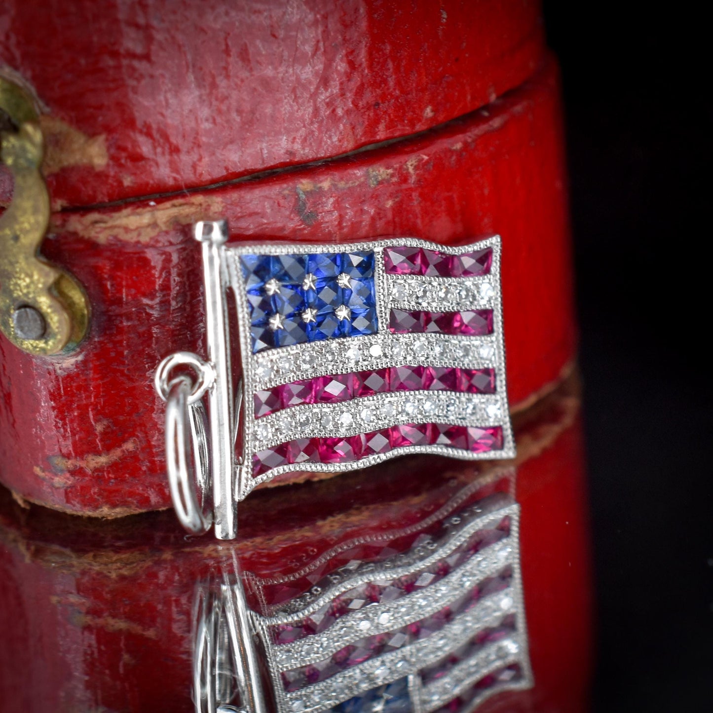 Diamond Ruby Sapphire American USA Flag Platinum Charm Pendant