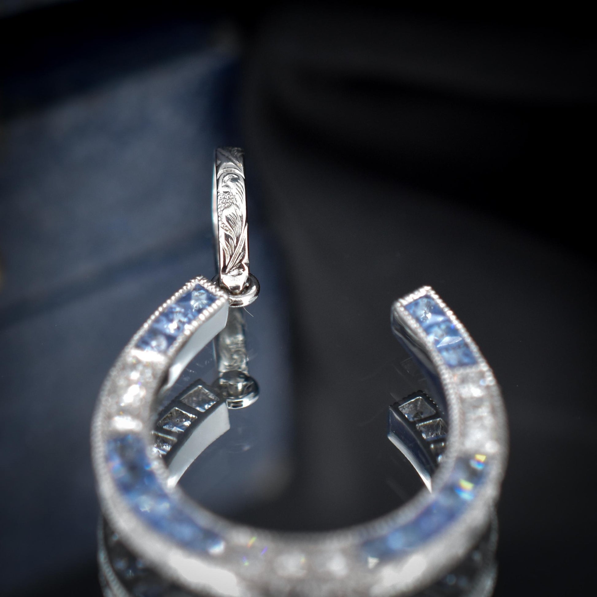 French Cut Ceylon Sapphire and Diamond Horseshoe Platinum Charm Pendant