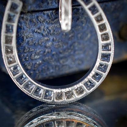 French Cut Ceylon Sapphire and Diamond Horseshoe Platinum Charm Pendant