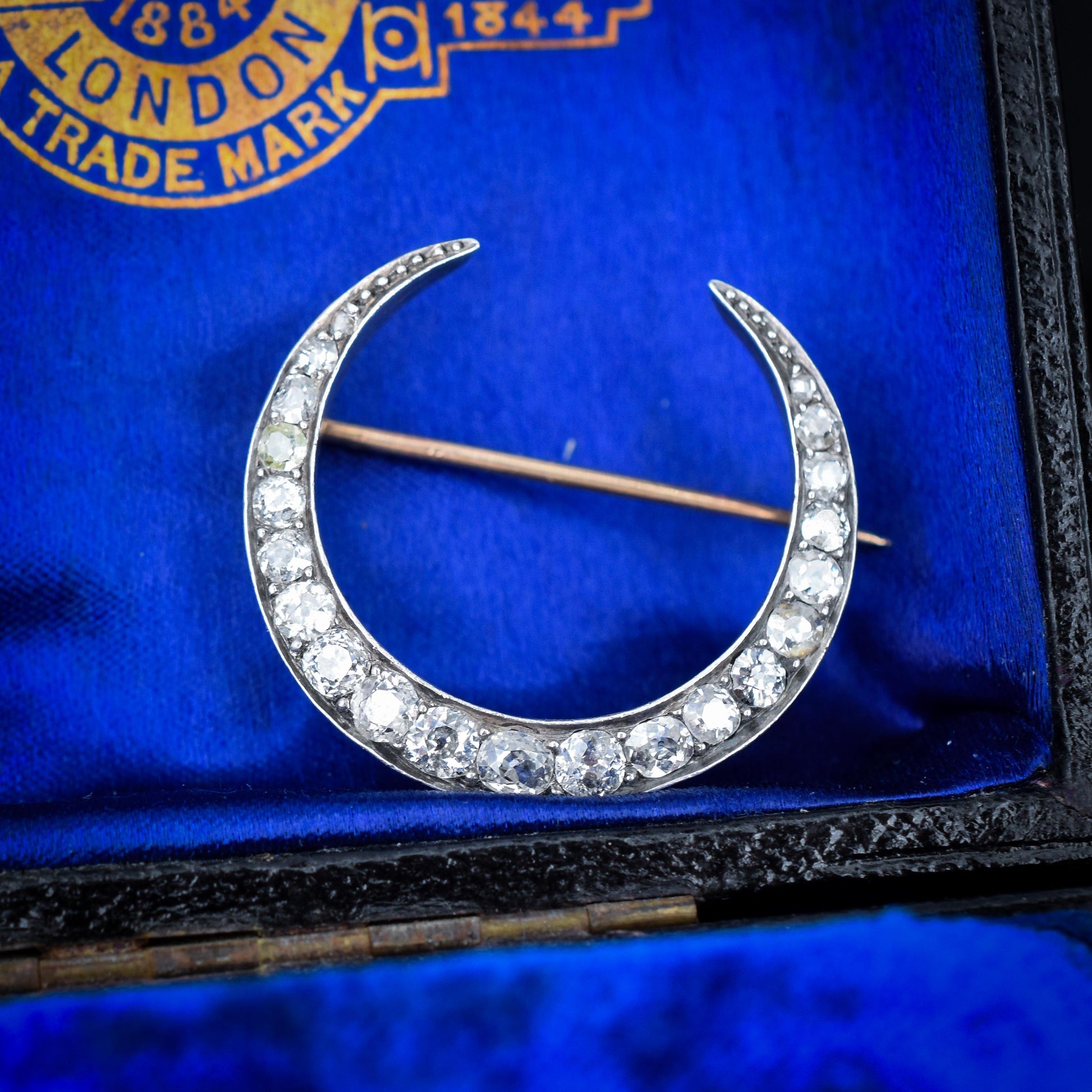 Antique Victorian Old Cut Diamond Crescent Moon Gold Silver Brooch Pin