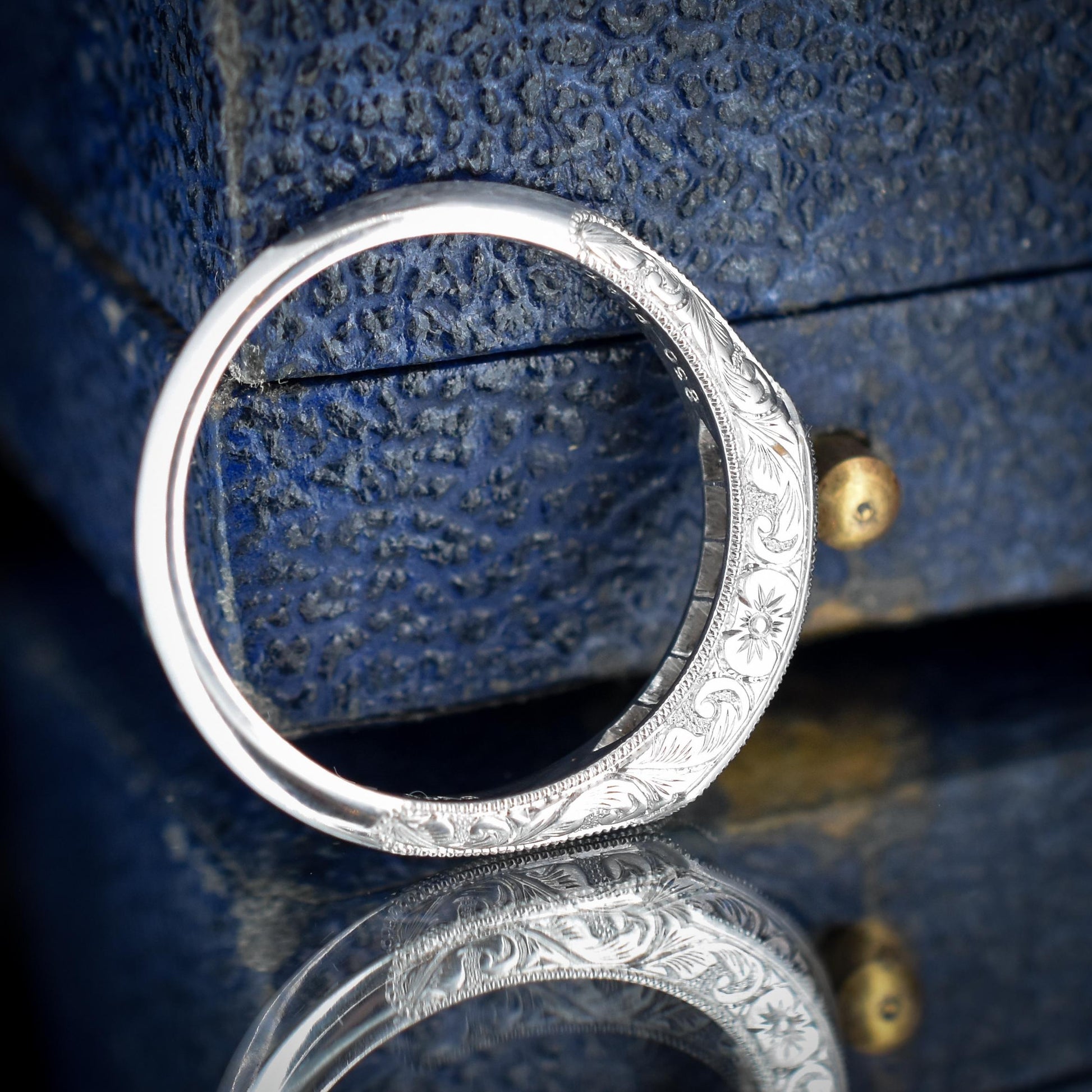 Art Deco Style Blue Sapphire Platinum Stacking Engraved Band Ring