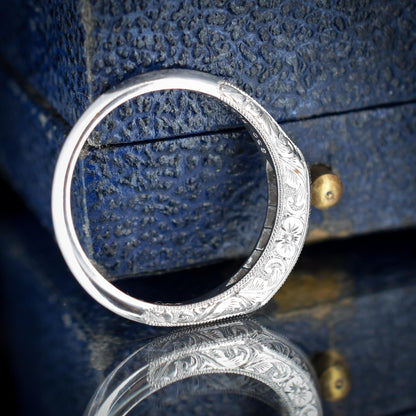 Art Deco Style Blue Sapphire Platinum Stacking Engraved Band Ring