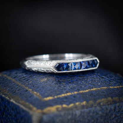 Art Deco Style Blue Sapphire Platinum Stacking Engraved Band Ring