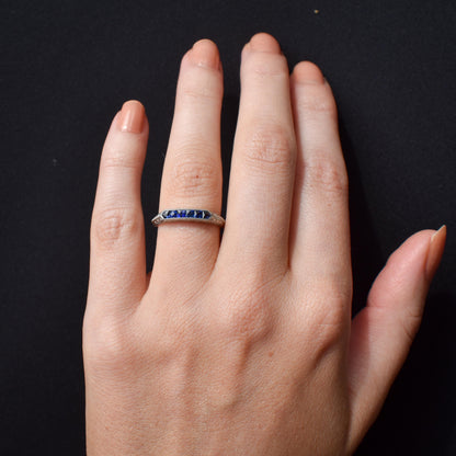 Art Deco Style Blue Sapphire Platinum Stacking Engraved Band Ring