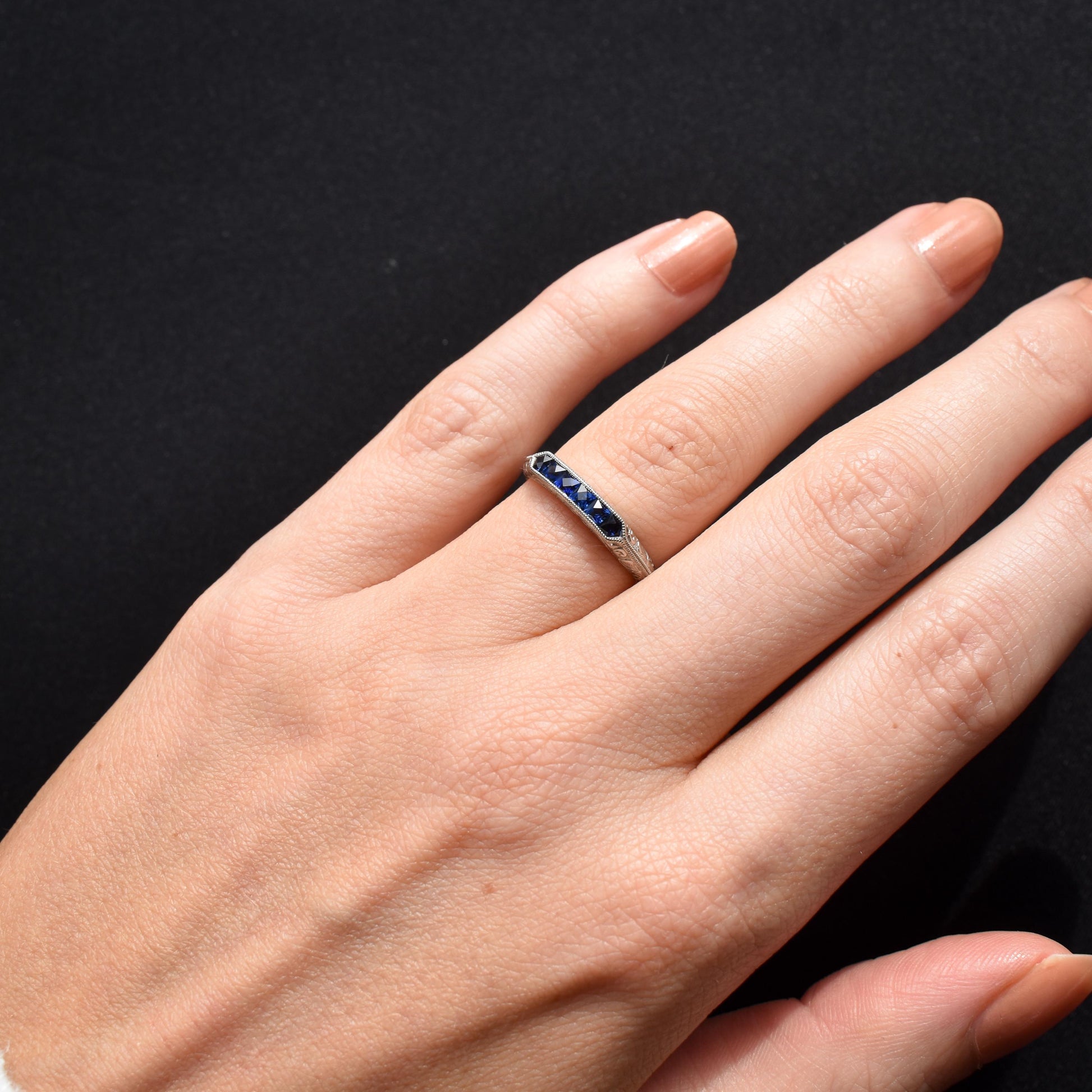 Art Deco Style Blue Sapphire Platinum Stacking Engraved Band Ring