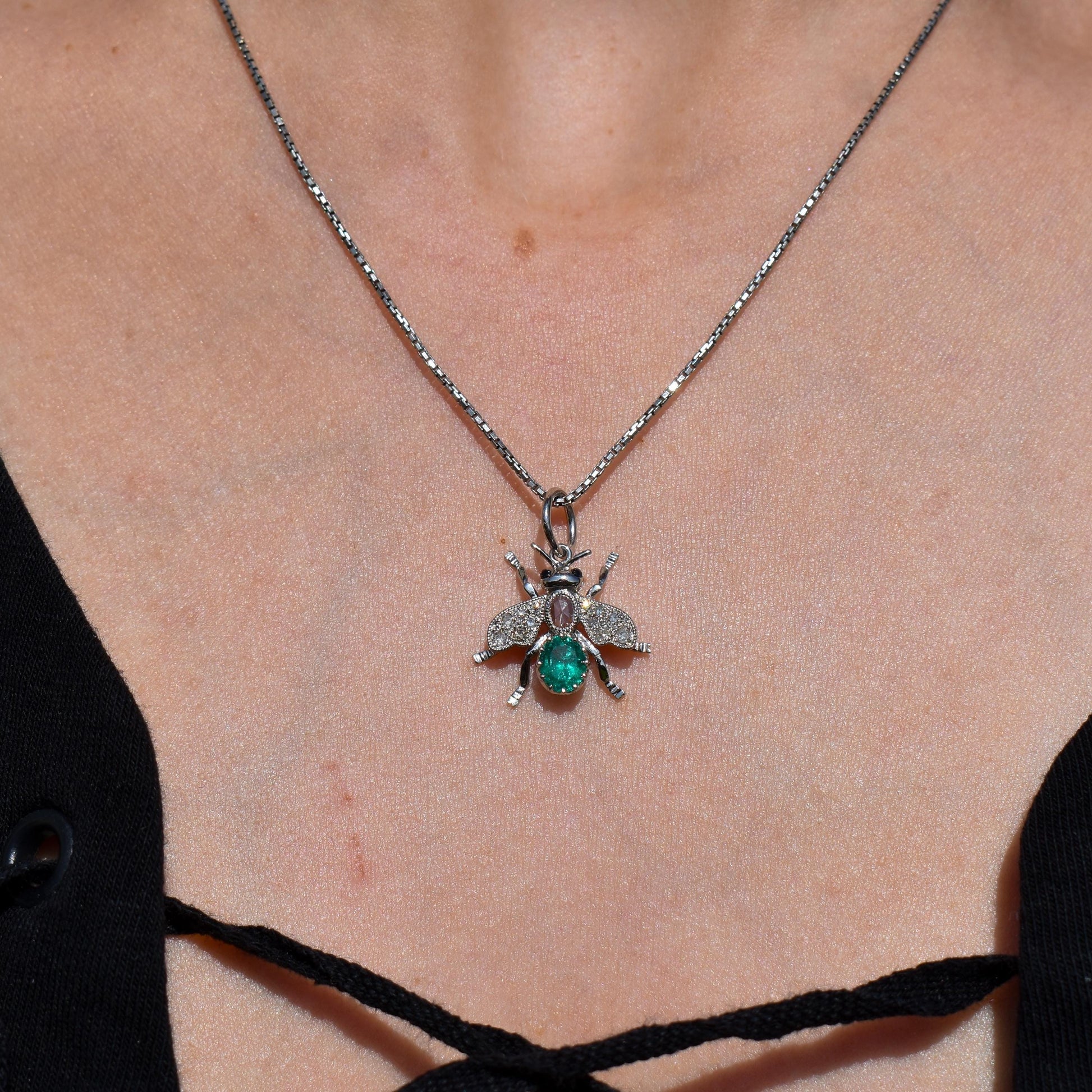 Emerald and Diamond Platinum Insect Bee Pendant | 0.47ct Emerald