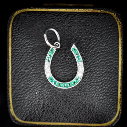 Emerald and Diamond Horseshoe Platinum Charm Pendant