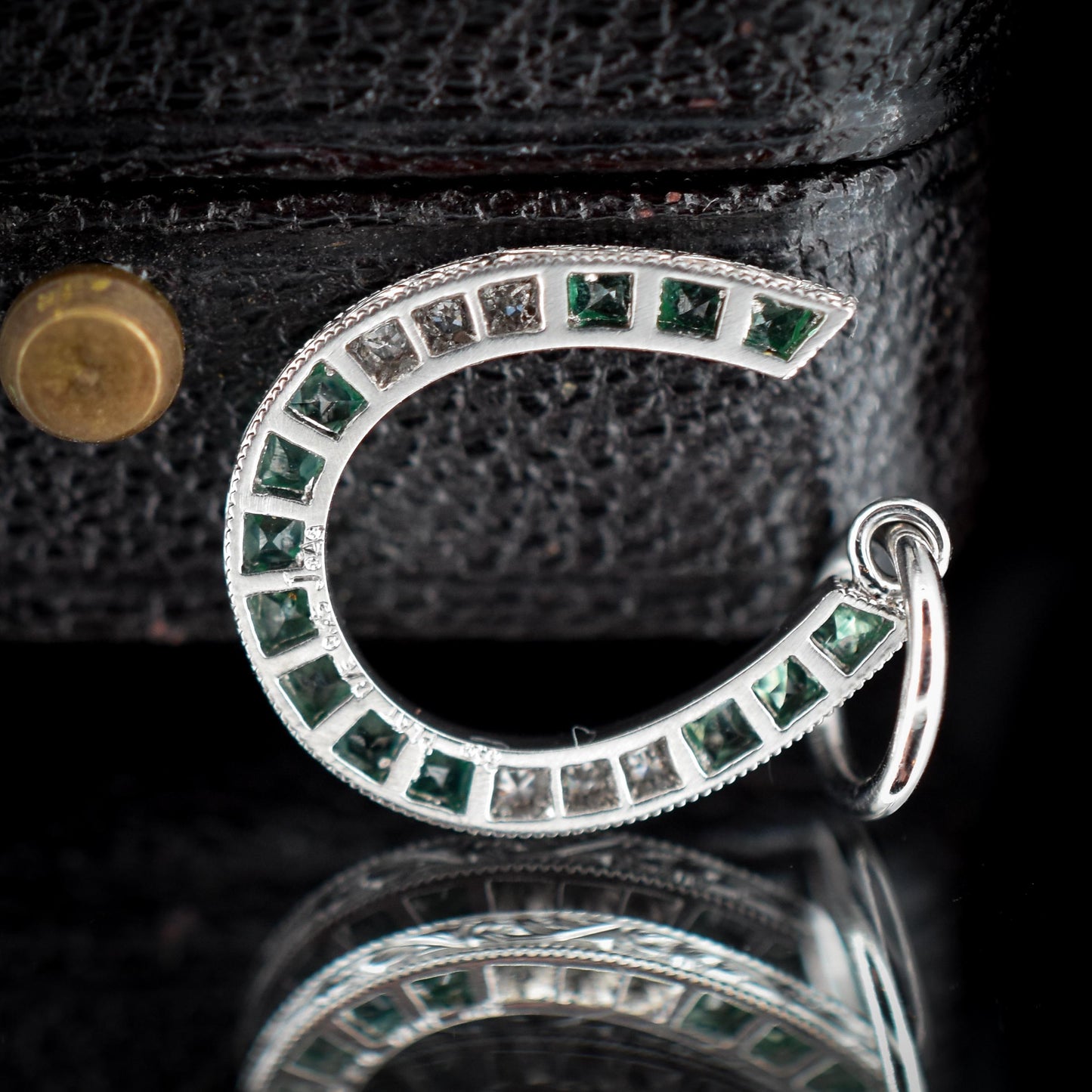 Emerald and Diamond Horseshoe Platinum Charm Pendant