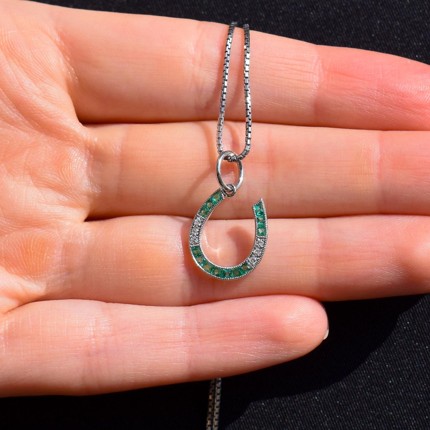 Emerald and Diamond Horseshoe Platinum Charm Pendant