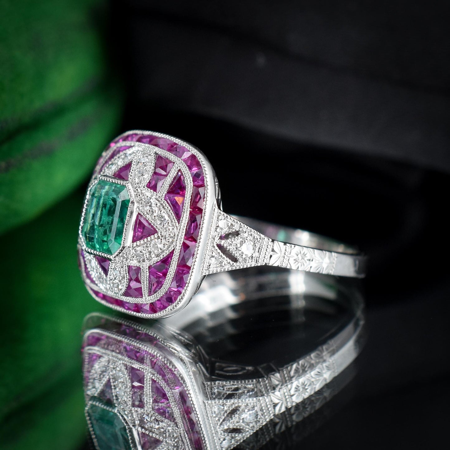 Art Deco Style Natural Emerald Diamond and Ruby Platinum Cocktail Ring