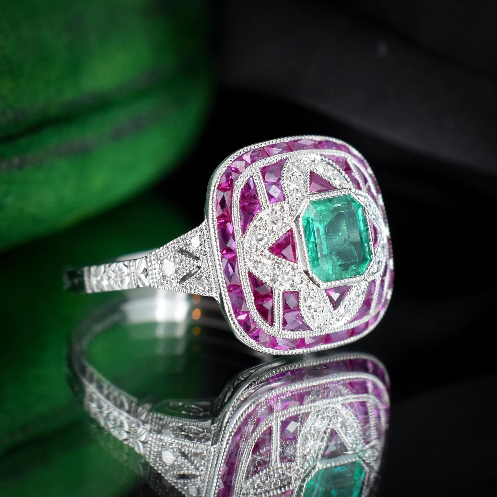 Art Deco Style Natural Emerald Diamond and Ruby Platinum Cocktail Ring