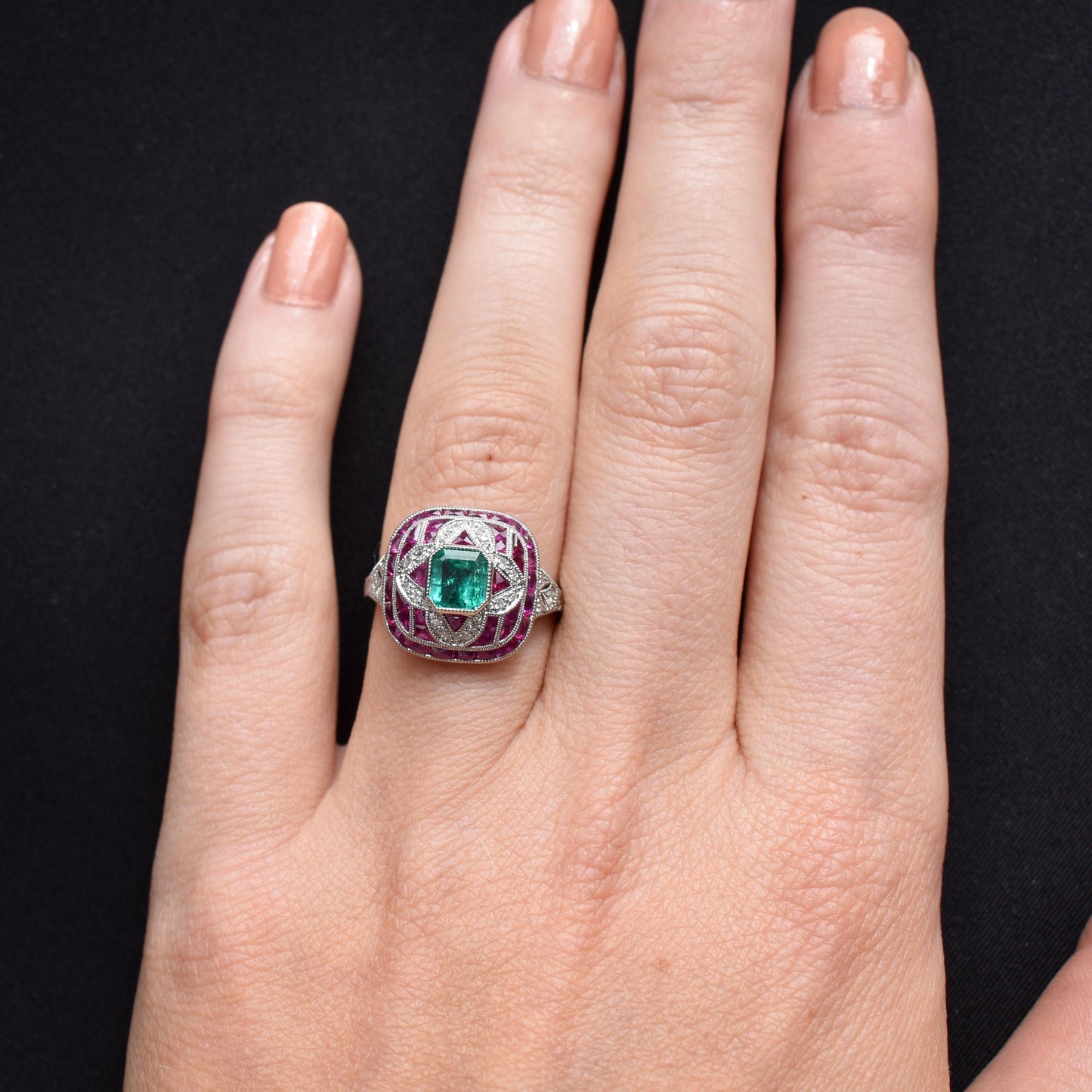 Art Deco Style Natural Emerald Diamond and Ruby Platinum Cocktail Ring