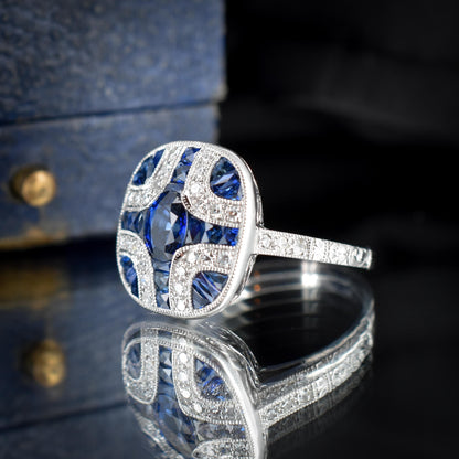 Art Deco Style Blue Sapphire and Diamond Platinum Cocktail Ring