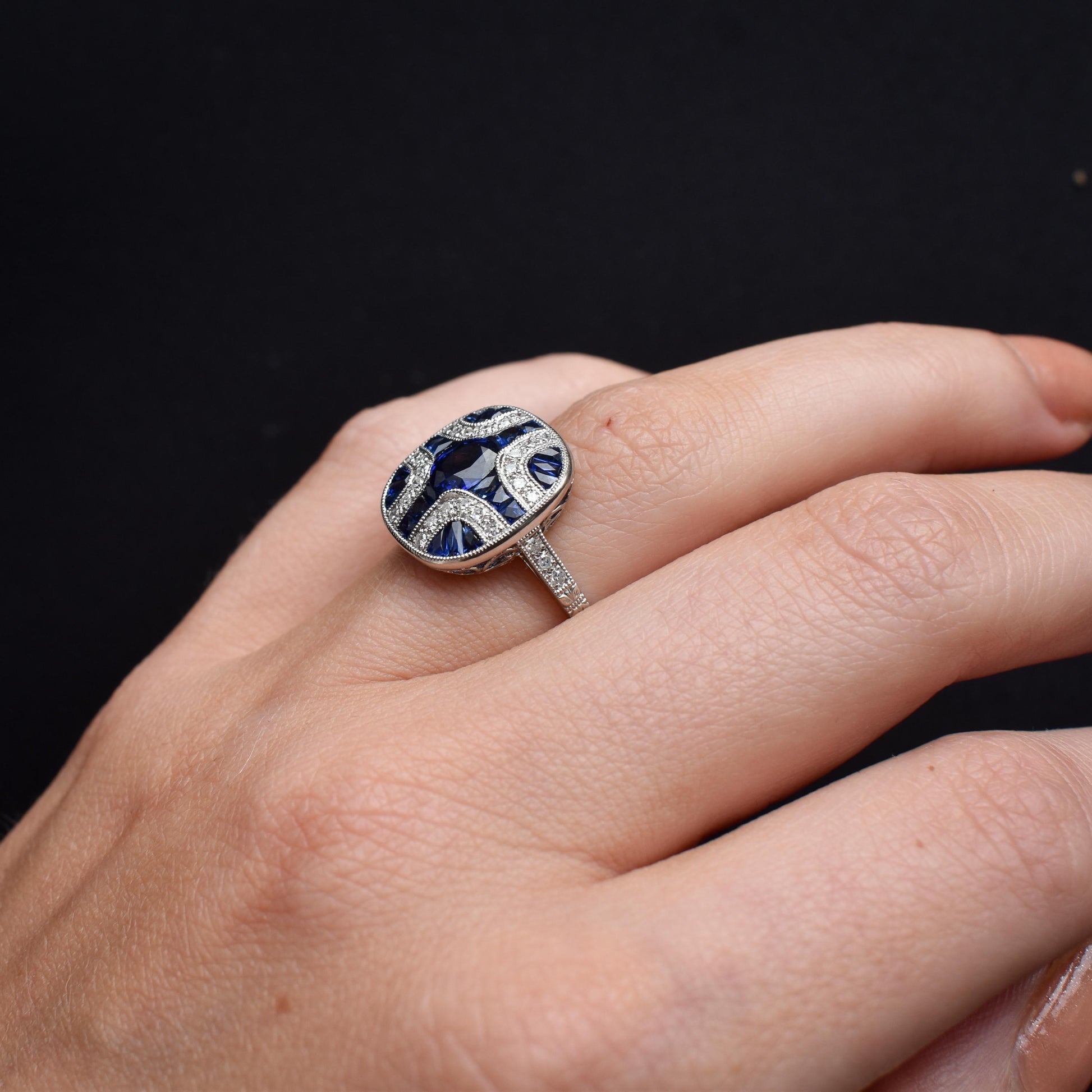 Art Deco Style Blue Sapphire and Diamond Platinum Cocktail Ring