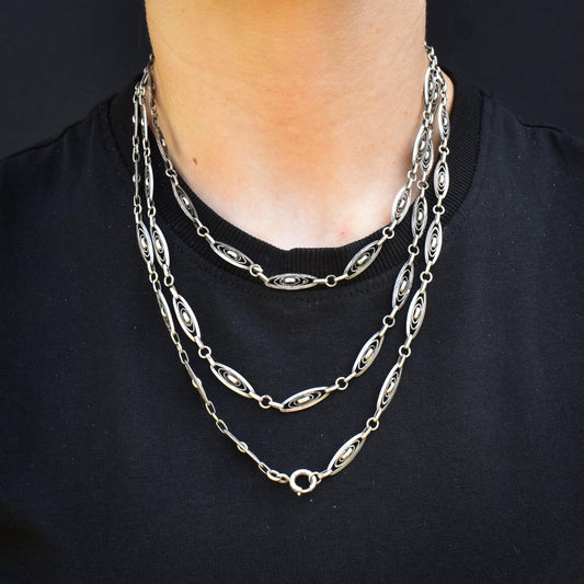 Antique French Silver Fancy Long Guard Sautoir Chain Necklace | 55"