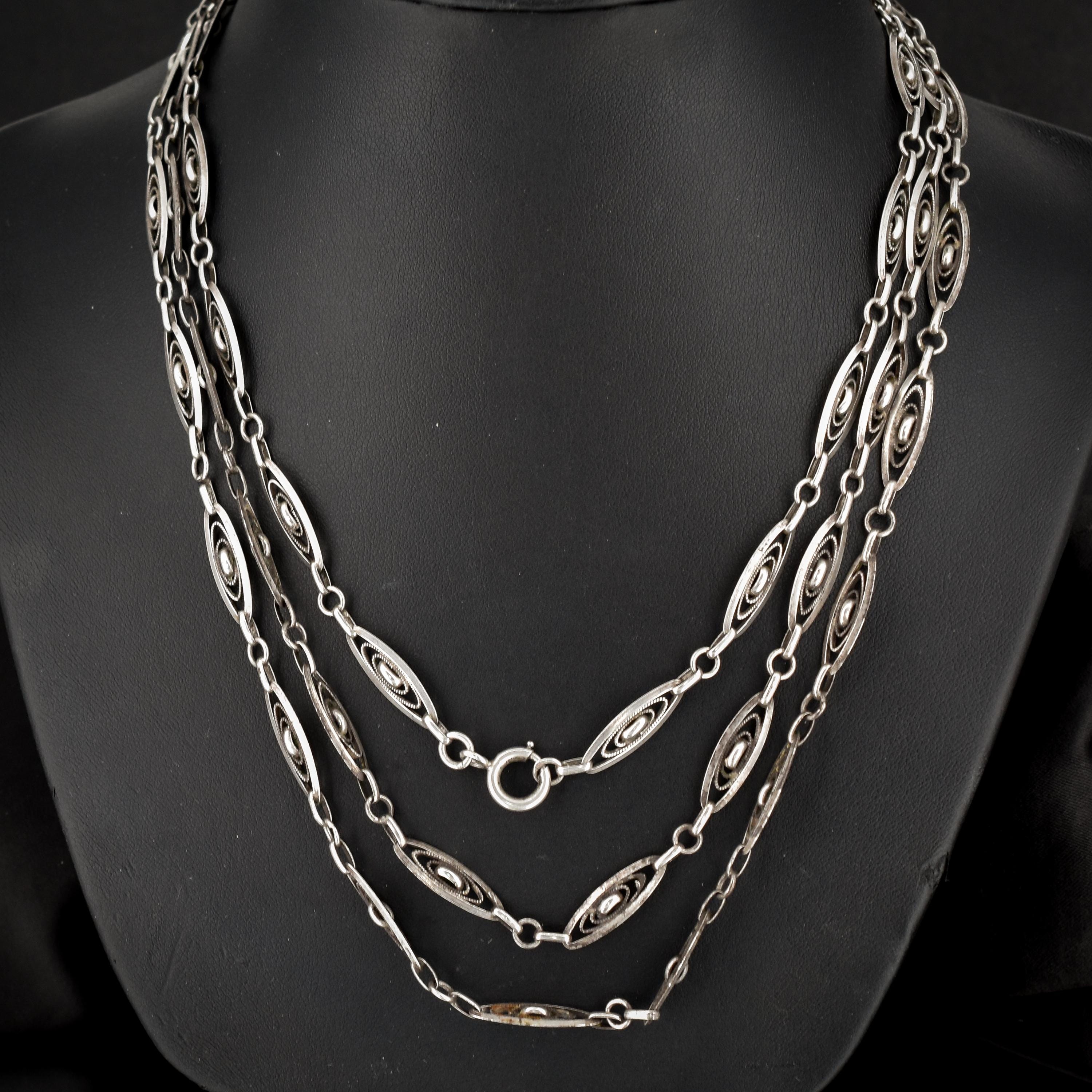 Antique silver fancy link chain from France, French top silver hallmarks