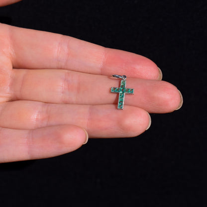 French Cut Emerald Cross Platinum Charm Pendant - 0.40ct