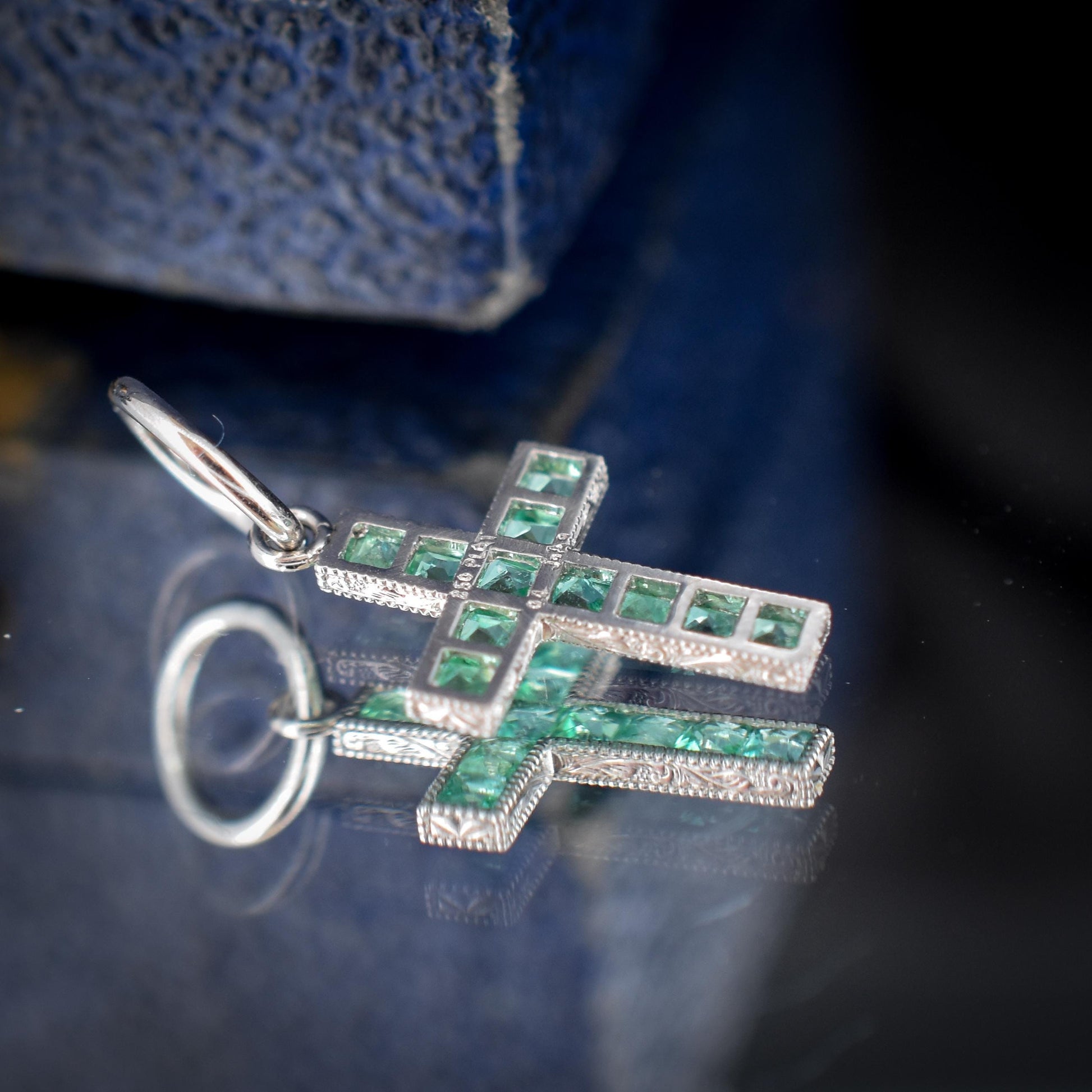 French Cut Emerald Cross Platinum Charm Pendant - 0.40ct