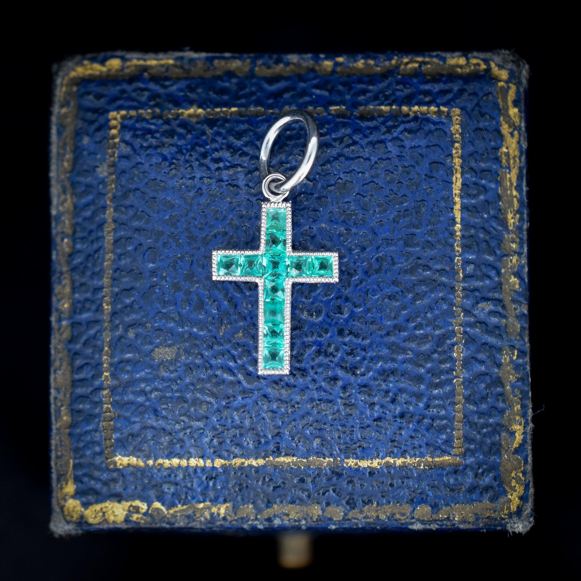 French Cut Emerald Cross Platinum Charm Pendant - 0.40ct