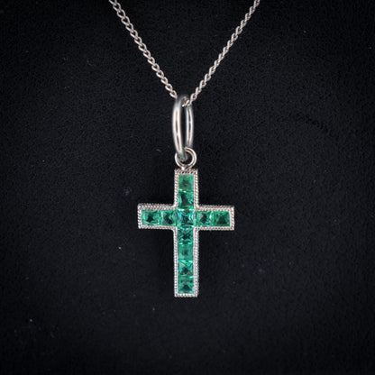 French Cut Emerald Cross Platinum Charm Pendant - 0.40ct