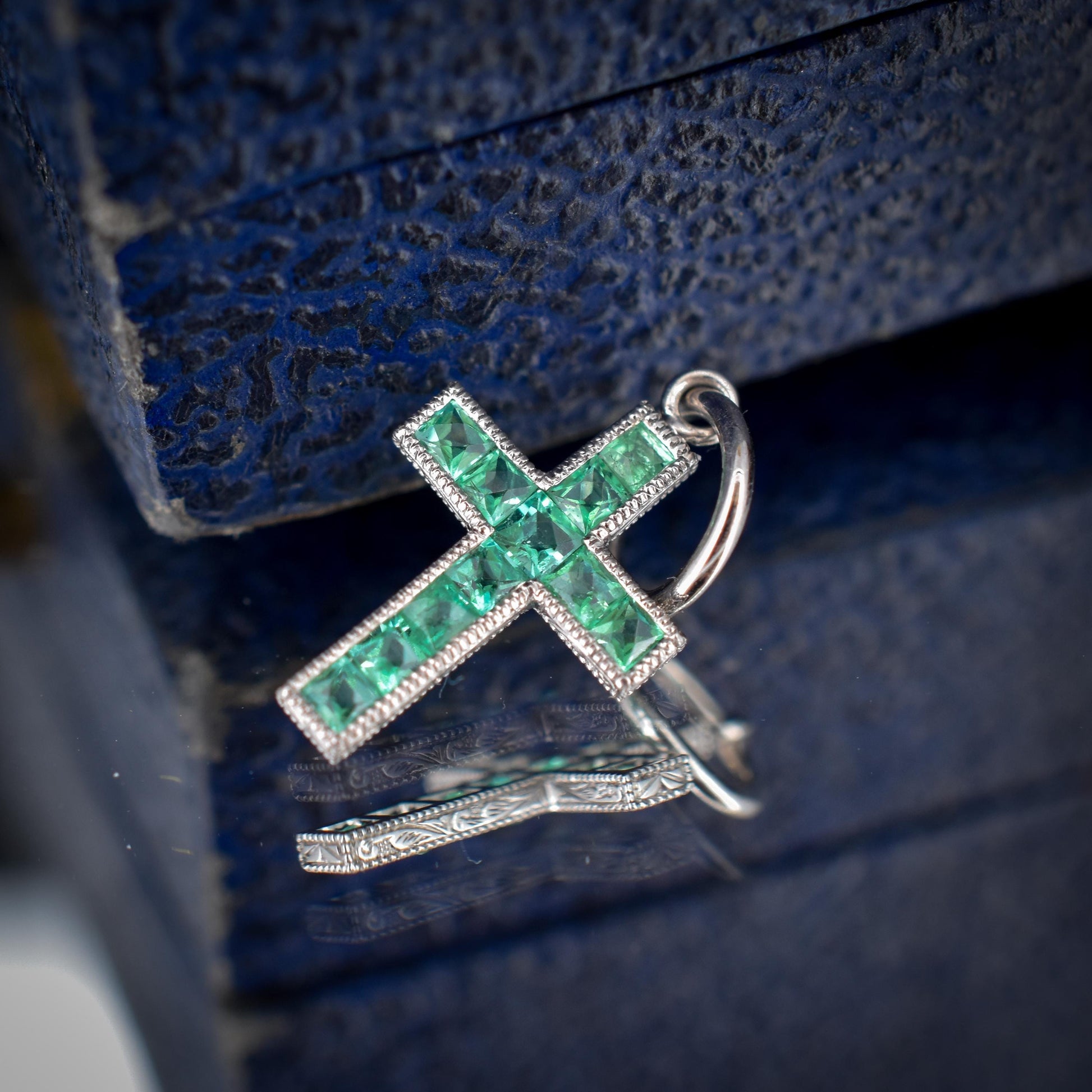 French Cut Emerald Cross Platinum Charm Pendant - 0.40ct