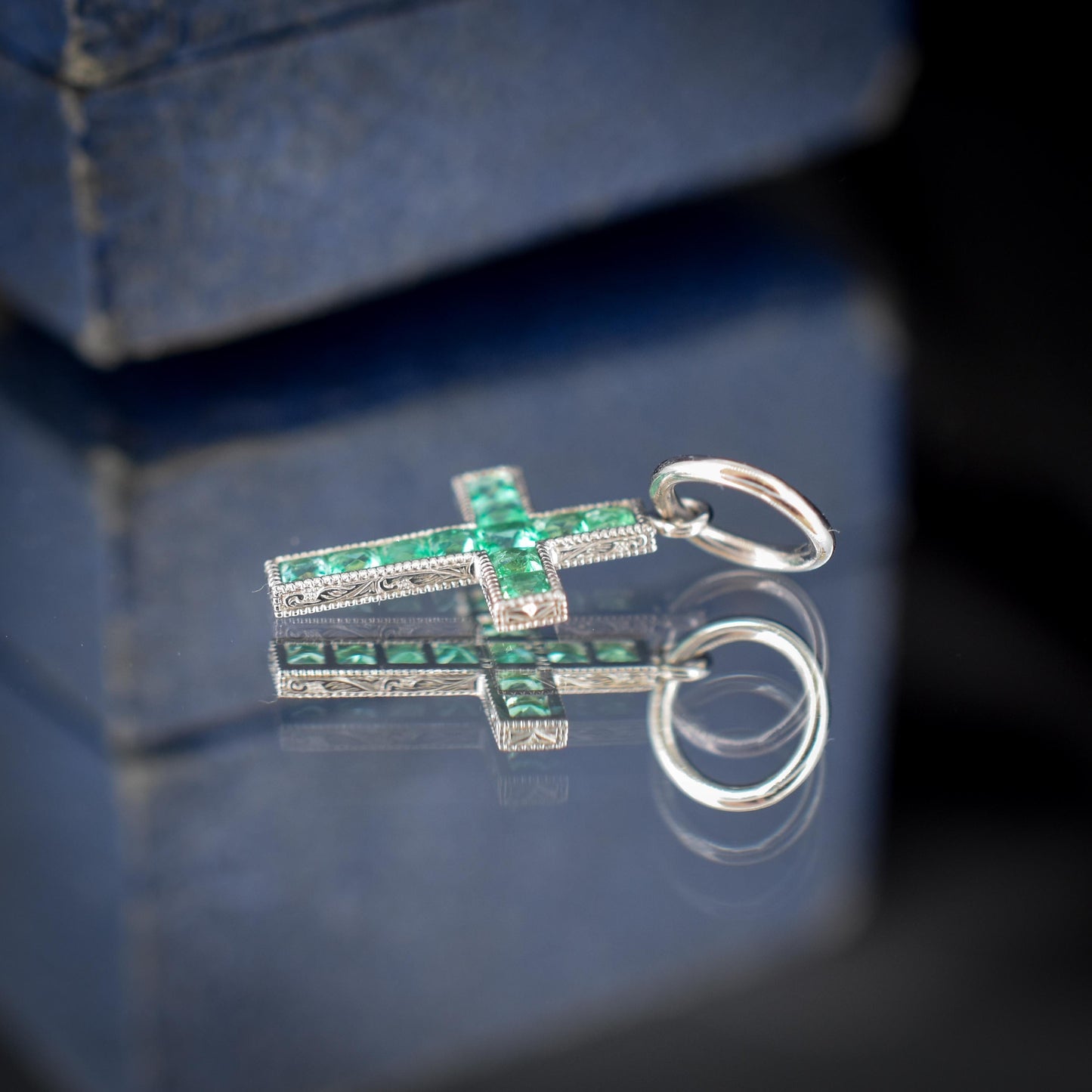 French Cut Emerald Cross Platinum Charm Pendant - 0.40ct